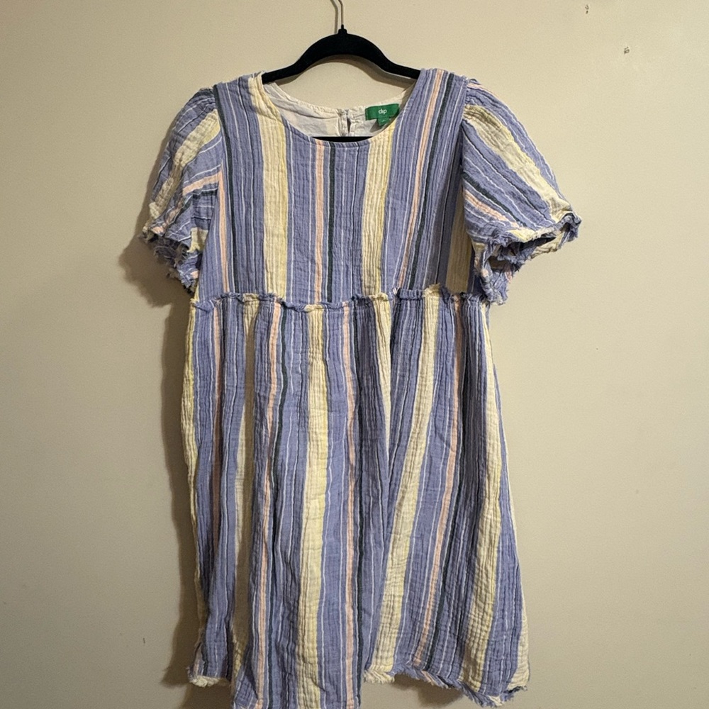 DIP Women’s small cotton babydoll mini dress pastel striped blue‎ yellow white